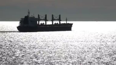 büyük dökme taşıyıcı siluet akşam sonsuz denizde yelken