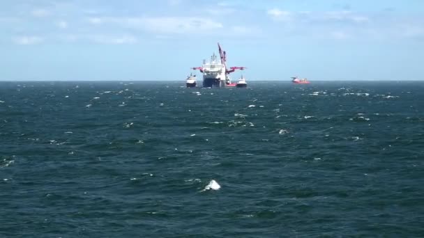 Tunga lyftskepp seglar mellan motorbåtar på blått skummande hav — Stockvideo