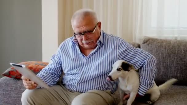 Senior hombre utiliza tableta sentado en sofá con perro en casa — Vídeos de Stock