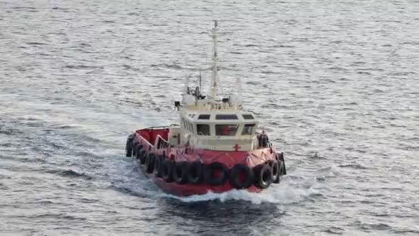 Přístav Skagen vlečný člun chráněn s pneumatikami plachty na moři — Stock video