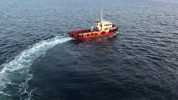 Skagen port small red and white pilot-boat sails away — Stock Video