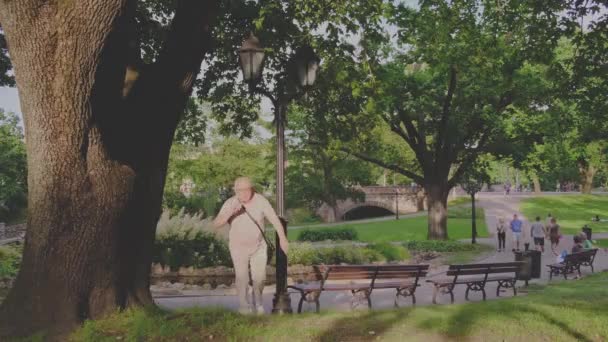 Sorrindo pensioner aproxima câmera ao longo de gramado verde fresco — Vídeo de Stock