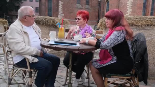 Un groupe de retraités positifs discute à table dans un café de rue — Video
