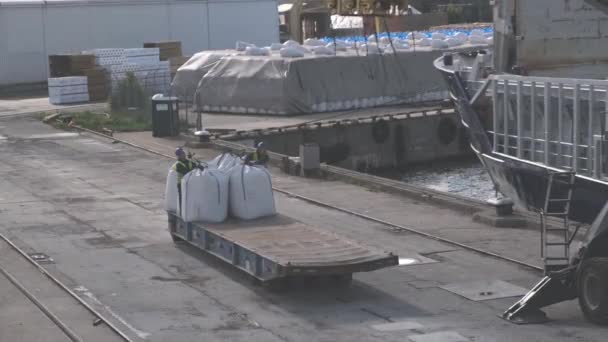 Lavoratori portuali fissano corde su sacchi con fertilizzanti minerali — Video Stock