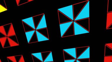 Geometrik şekilli küçük siyah arkaplan üzerinde renk deseni, yatay ve dikey eğimli, başlangıçta soldan sağa hareket ediyor, geometrik şekillerden oluşuyor..