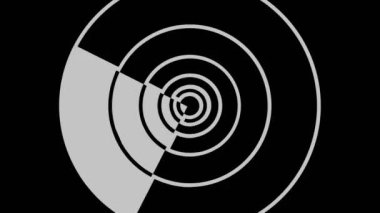 Siyah-beyaz, saat yönünde dönen, tam ekran boyutunu 16: 9 video biçiminde ortadan kaybolmaya indirgeyen, stroboskopik ve hipnotik efektli grafiksel nesne.