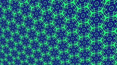 Geometrik şekilli küçük siyah arkaplan üzerinde renk deseni, yatay ve dikey eğimli, başlangıçta soldan sağa hareket ediyor, geometrik şekillerden oluşuyor..