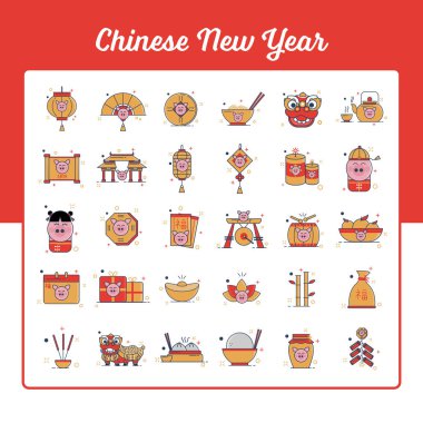 Çin yeni yılı Icons Set anahat ile stil dolu