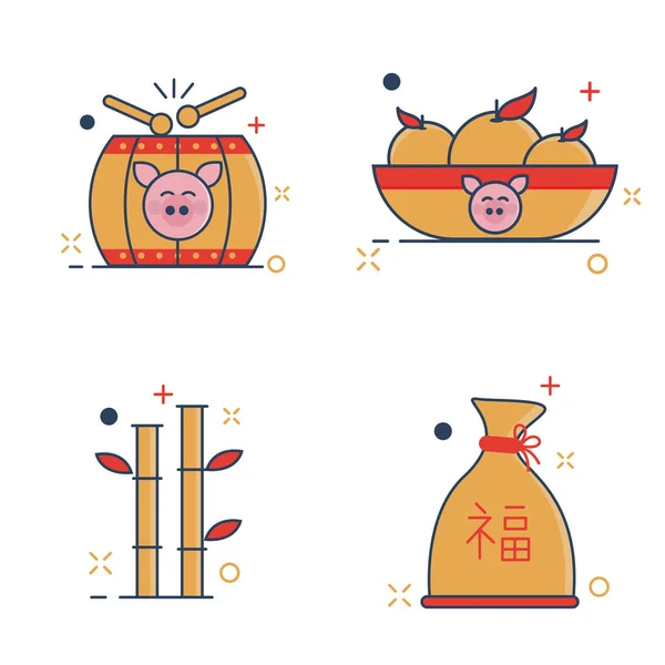 Conjunto Ícones Ano Novo Chinês Com Esboço Estilo Preenchido —  Vetores de Stock
