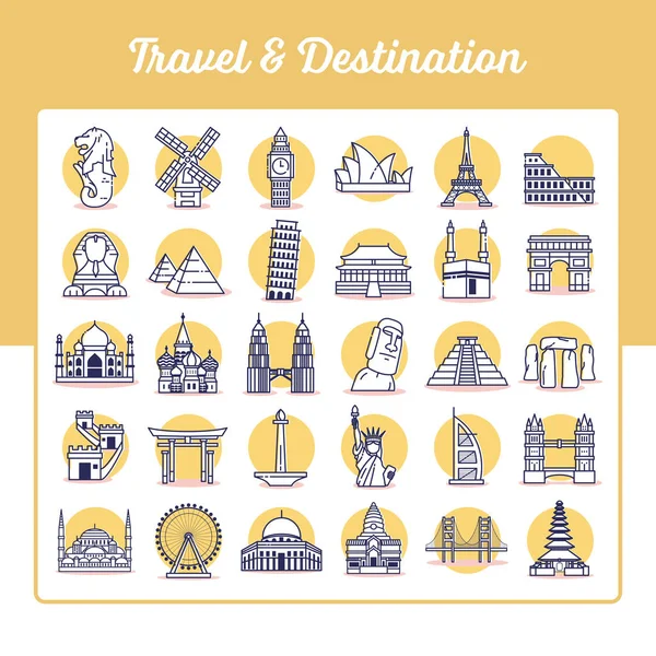 Iconos Viaje Destino Con Estilo Contorno — Vector de stock