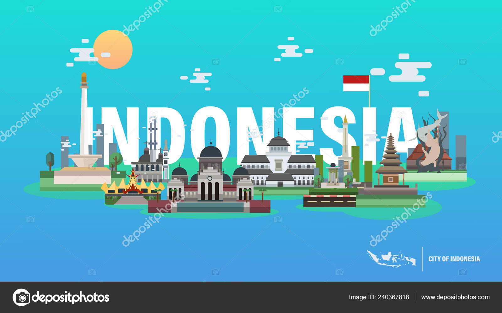 City Indonesia Vector Illustration Jakarta Jogyakarta Bali Aceh.