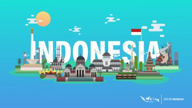 Endonezya Şehir Vektör İllüstrasyon - Jakarta Yogyakarta Bali Aceh Pontianak Bandung Lampung Surabaya Bangka Belitung