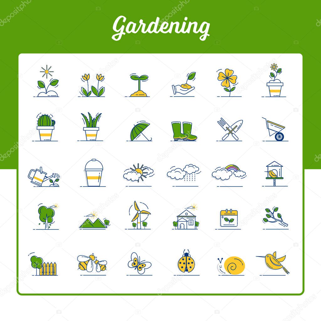 Gardening Icons Set - garden flower and spring icon set with Outline Filled Style 