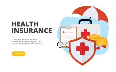 Sağlık sigortası düz tasarım afiş illüstrasyon kavramı için dijital pazarlama ve iş geliştirme