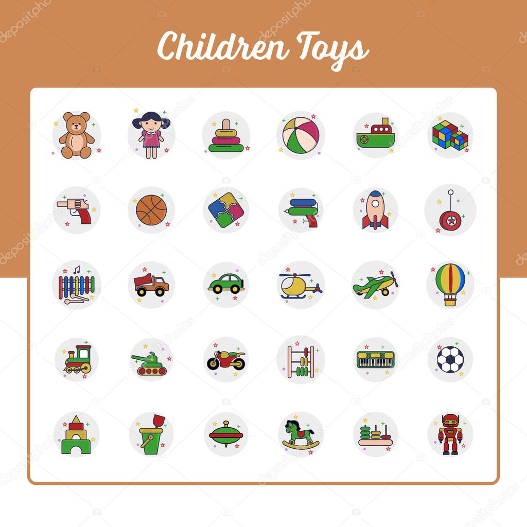 Children Toys Icons Set - Toy and Doll Icon Set With Outline Filled Style 