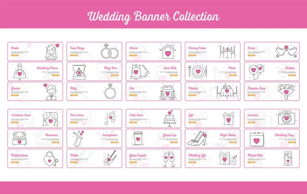 Collection Bannières Mariage Avec Contour Style Rempli — Image vectorielle