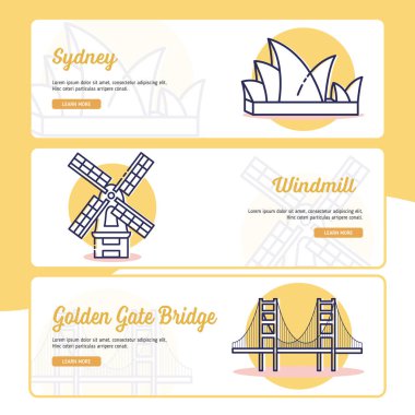 Seyahat ve hedef afiş koleksiyonu ile anahat stili dolu