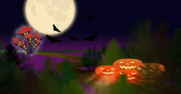 Happy Halloween Bokstäver Läskiga Gamla Kyrkogården Med Cool Blå Moonlight — Stockfoto