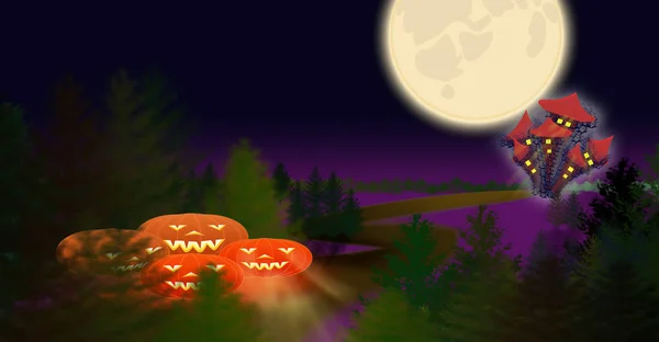 Happy Halloween Bokstäver Läskiga Gamla Kyrkogården Med Cool Blå Moonlight — Stockfoto
