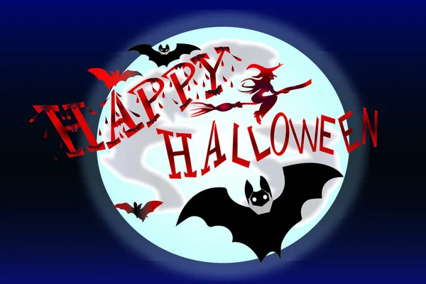 Feliz Halloween Lettering Assustador Com Luar Azul Fresco Alguns Morcegos — Fotografia de Stock