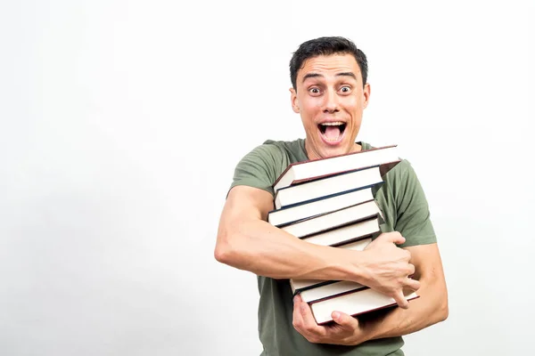 Sehr Glücklicher Mann Mit Vielen Büchern Mittlerer Schuss Weißer Hintergrund — Stockfoto