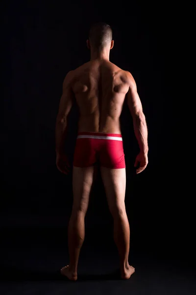 Athletic Man Underwear Full Body Back Black Background — Stock Photo, Image