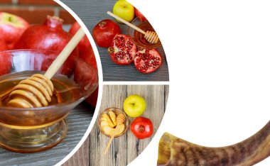 Rosh Hashana banner tasarımı bal ve elma ile Yahudi tatil. Yahudi yeni yıl kutlama Shofar geleneksel yiyecek ve şalıma