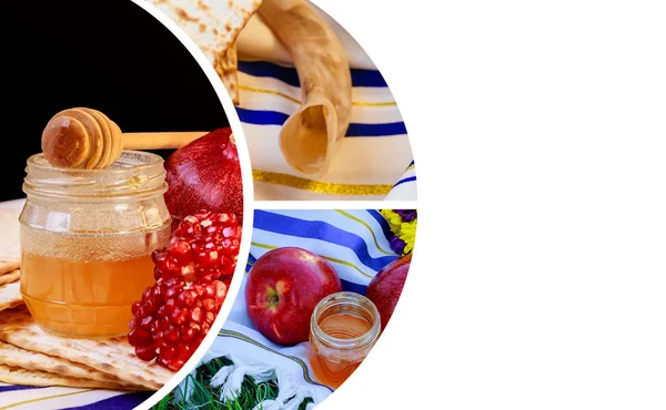 リンゴ ザクロ ユダヤ人の新年のお祝いショファルの新年祭の伝統的な料理とタリート Copyspace 背景の蜂蜜 — ストック写真