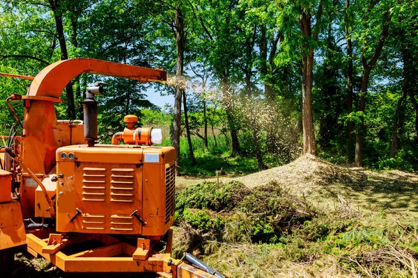 Landscapers Using Wood Chipper Action Captures Wood Chipper Mulcher Shooting — Stock Photo, Image