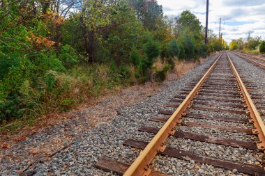 Demiryolu parça beyaz bulutlar ile kırsal bir ormanda. Boş demiryolu hatları ufka doğru gidiyor. İki yol. Açık sahne .     .