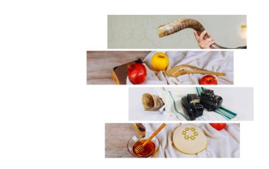 Rosh hashanah jewesh holiday concept: Shofar and tallit apple and pomegranate, honey, with space for text Shofar and tallit clipart