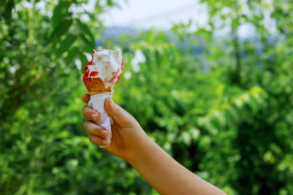 Close Imagem Mão Segurando Cone Waffle Fresco Com Sorvete Baunilha — Fotografia de Stock