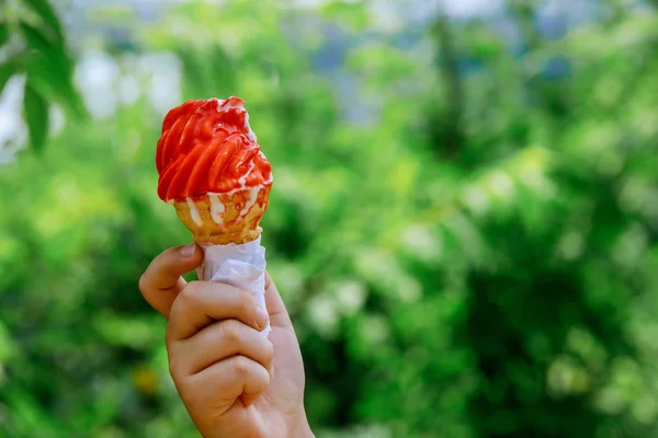 Waffle Com Sorvete Jardim Fundo Grama Verde — Fotografia de Stock