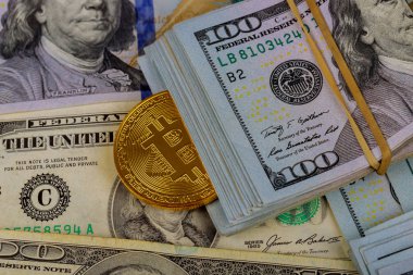Sanal cryptocurrency para Bitcoin altın sikke Amerika Birleşik Devletleri bize yüz dolarlık banknot üzerinde