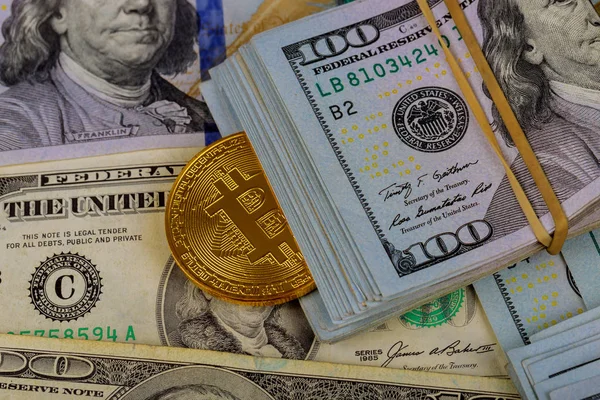 Sanal cryptocurrency para Bitcoin altın sikke Amerika Birleşik Devletleri bize yüz dolarlık banknot üzerinde