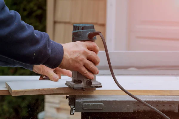 Feldolgozás Elektronikus Felsőmaró Carpenter Táblák Viszont Vágó Közeli — Stock Fotó