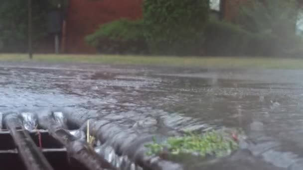 Проливной дождь выпадает на улицу и течет через канализационную трубу — стоковое видео