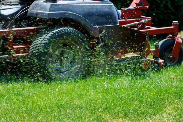 Closeup of grassmower cutting the grass with a lawn mower