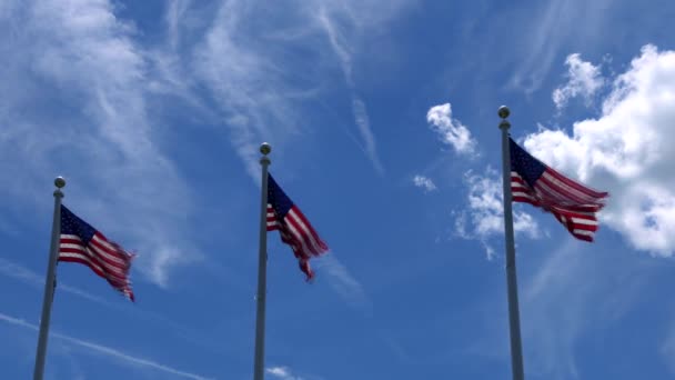 Flaggen der Vereinigten Staaten wehen über dem blauen Himmel — Stockvideo