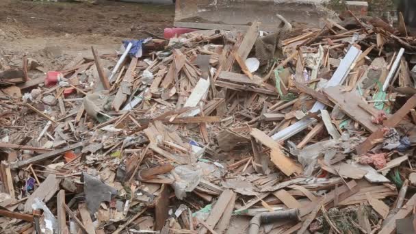House destroyed bricks, sticks trees, debris beam natural disaster — Stock Video