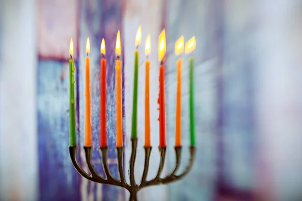Resumo Retro Feriado Judaico Hanukkah Com Menorah Luzes Desfocadas Tradicionais — Fotografia de Stock