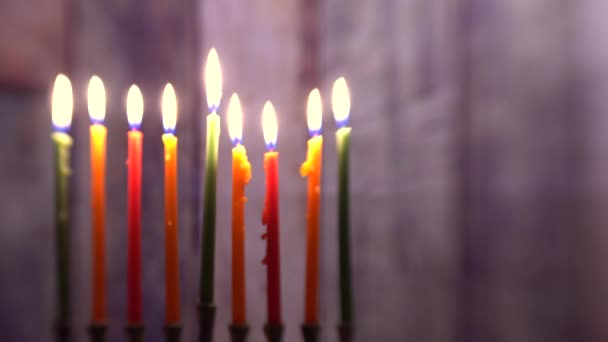 Renkli mumlar bir menorah seçici yumuşak odak üzerinde yedi Kollu Şamdan Hanukkah mumlar yanan — Stok video