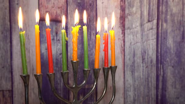 Abstract retro of jewish holiday Hanukkah with menorah traditional defocused lights Selective soft focus — Stock Video