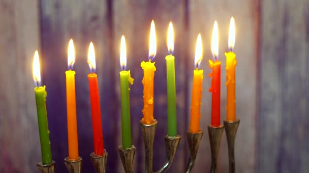 Brightly Glowing Hanukkah Menorah - Shallow Depth of Field Selective soft focus — Stock Video