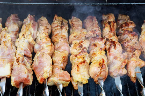 Soczyste Plastry Mięsa Przygotować Ogień Shish Kebab Szaszłyk Gotowane Zewnątrz — Zdjęcie stockowe