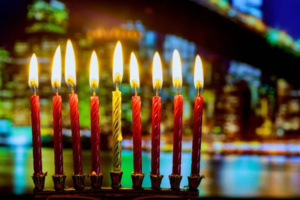 Fiesta Judía Símbolo Vacaciones Hanukkah Brillantemente Brillante Hanukkah Menorah Profundidad —  Fotos de Stock