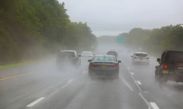 Circulation Sur Autoroute Par Jour Pluie Brumeux Risque Accident Lors — Photo