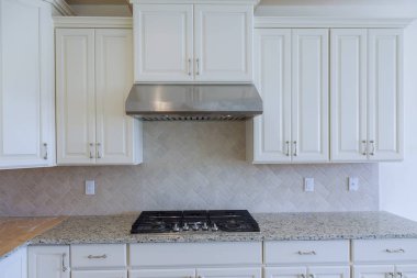 Çanağı paslanmaz çelik aletleri ile modern boş döşenmiş mutfak detay