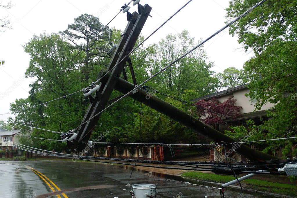 transformer on a electric poles and a tree laying across power lines over a road after Hurricane