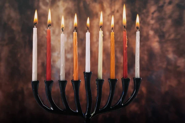 Żydowskiego Święta Symbol Wakacje Chanuka Jasno Świecące Menora Chanuka Płytkie — Zdjęcie stockowe